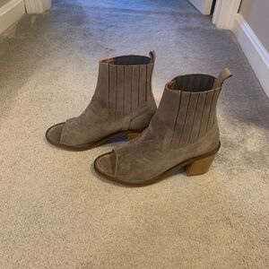 Distressed suede sandal/bootie with 2 1/2 inch heel